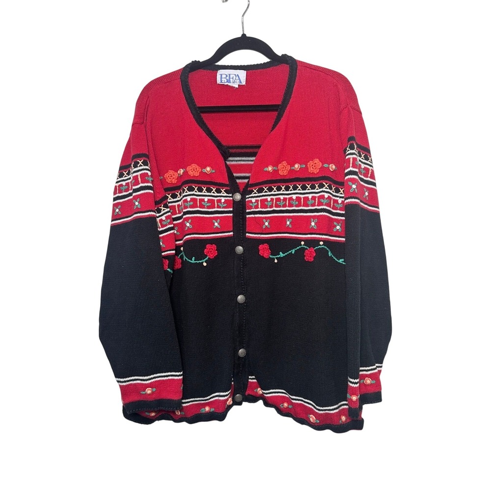 BFA Classics Vintage Red Black Floral Embroidered Knit Cardigan‎ Sweater